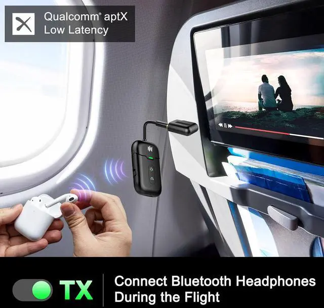 Alt view image 4 of 7 - Airplane Bluetooth 5.4 Transmitter Adapter, Supports 2 AirPods/Headphones 2-in-1 Bluetooth Transmitter Receiver with aptX Low Latency, Wireless Adapter for Flight, TV, Gym, Tablet Car Stereo (Black)