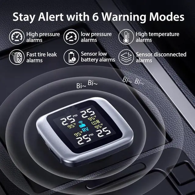 Alt view image 5 of 7 - Tire Pressure Monitoring System, Wireless TPMS with 4 External Sensors and 6 Alarm Modes, Color Display, Real Time Tire Pressure Monitoring System, Ideal for RV SUV MPV Truck Sedan (0-87 PSI)