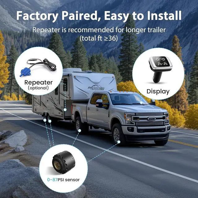 Alt view image 6 of 7 - Tire Pressure Monitoring System, Wireless TPMS with 4 External Sensors and 6 Alarm Modes, Color Display, Real Time Tire Pressure Monitoring System, Ideal for RV SUV MPV Truck Sedan (0-87 PSI)
