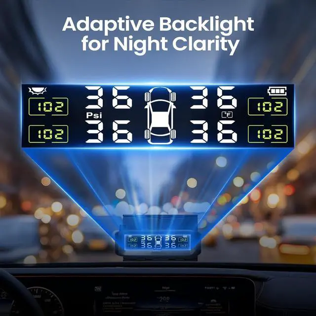 Alt view image 3 of 7 - Tire Pressure Monitoring System, Wireless Solar TPMS with 4 External Sensors and 6 Alarm Modes, Color Display, Easy Windshield Mount, Ideal for RV Sedan SUV MPV Truck (0-87 PSI)