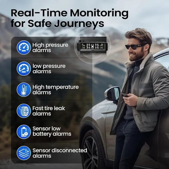 Alt view image 4 of 7 - Tire Pressure Monitoring System, Wireless Solar TPMS with 4 External Sensors and 6 Alarm Modes, Color Display, Easy Windshield Mount, Ideal for RV Sedan SUV MPV Truck (0-87 PSI)