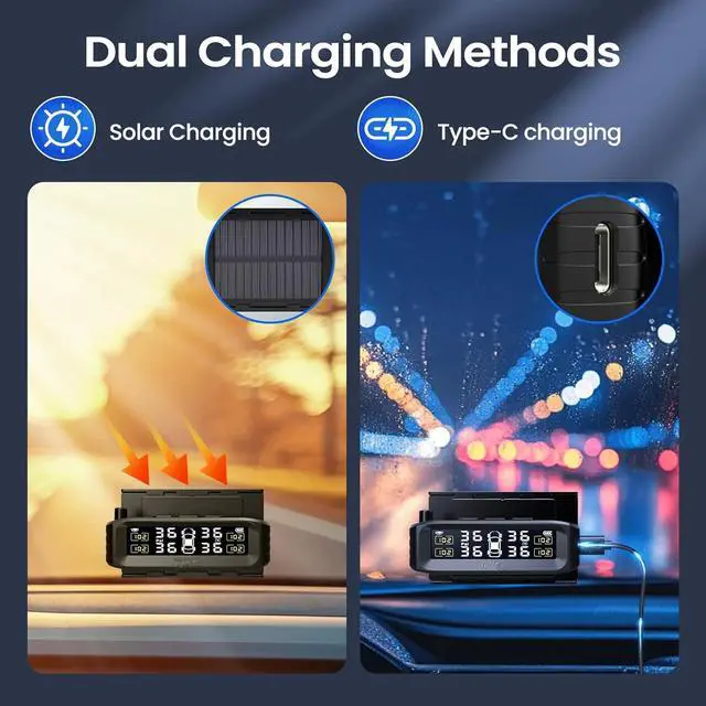 Alt view image 5 of 7 - Tire Pressure Monitoring System, Wireless Solar TPMS with 4 External Sensors and 6 Alarm Modes, Color Display, Easy Windshield Mount, Ideal for RV Sedan SUV MPV Truck (0-87 PSI)