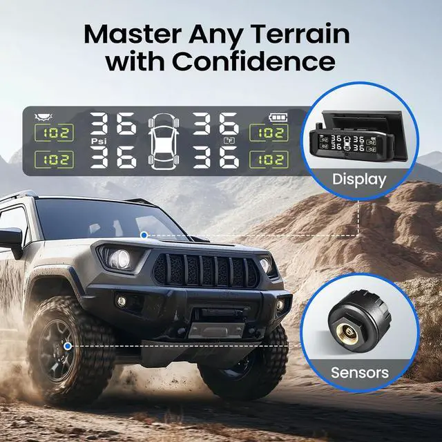 Alt view image 7 of 7 - Tire Pressure Monitoring System, Wireless Solar TPMS with 4 External Sensors and 6 Alarm Modes, Color Display, Easy Windshield Mount, Ideal for RV Sedan SUV MPV Truck (0-87 PSI)