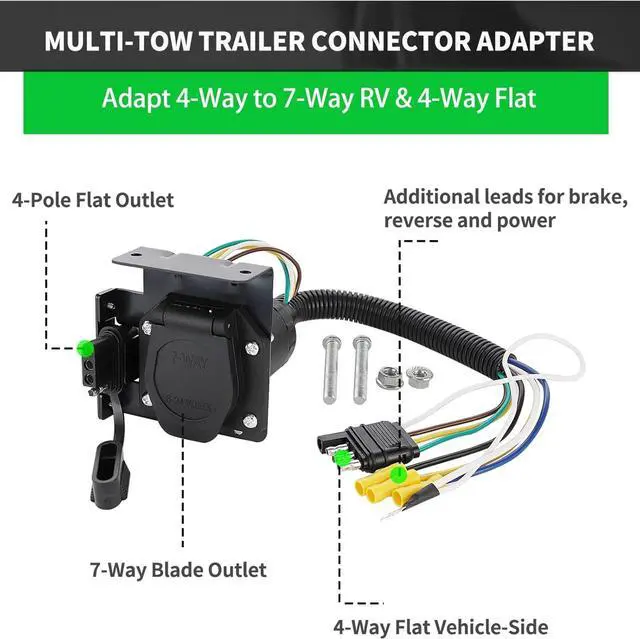 Alt view image 3 of 7 - Multi-Trailer 4-Way Plane to 7-Way RV Blade and 4-Way Plane Female Trailer Wiring Adapter Connector Kit, 4-Pin Vehicle Side Trailer Light Plug to Dual Output 7-Blade and 4-Plane with Mounting Bracket