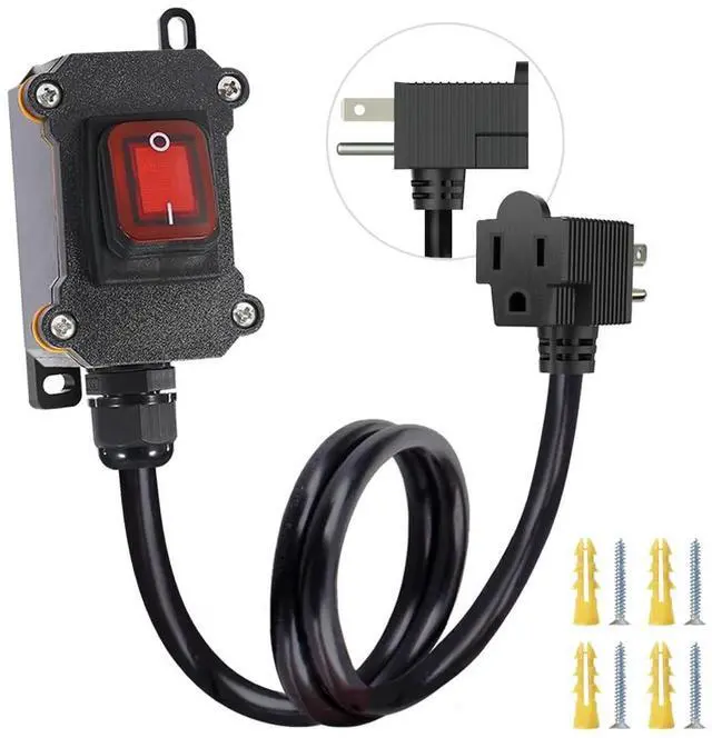 Main image of Inline Power Cord Switch with 3.3ft 14AWG Cable Back Plug (3-prong), IP67 Waterproof Extension Cord with On/Off, AC/DC 20A-125V Inline Power Switch with Red LED Rocker Button