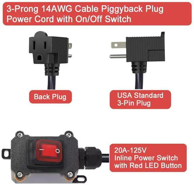 Alt view image 3 of 6 - Inline Power Cord Switch with 3.3ft 14AWG Cable Back Plug (3-prong), IP67 Waterproof Extension Cord with On/Off, AC/DC 20A-125V Inline Power Switch with Red LED Rocker Button