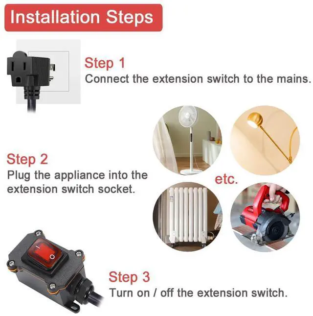 Alt view image 5 of 6 - Inline Power Cord Switch with 3.3ft 14AWG Cable Back Plug (3-prong), IP67 Waterproof Extension Cord with On/Off, AC/DC 20A-125V Inline Power Switch with Red LED Rocker Button