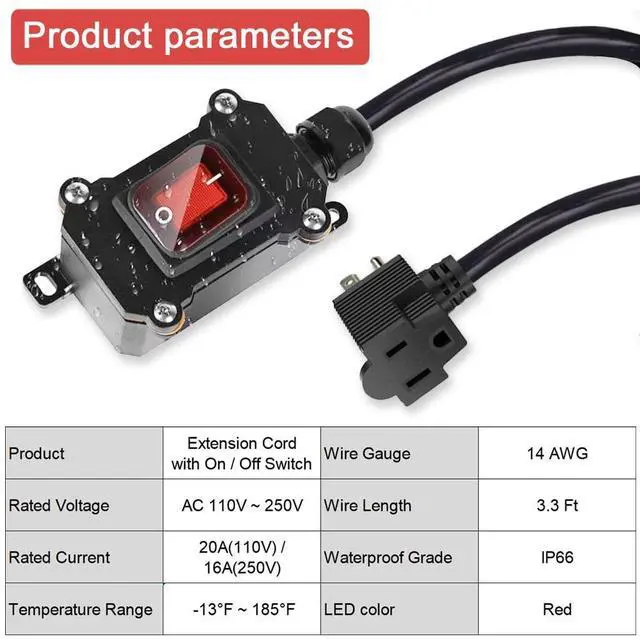Alt view image 6 of 6 - Inline Power Cord Switch with 3.3ft 14AWG Cable Back Plug (3-prong), IP67 Waterproof Extension Cord with On/Off, AC/DC 20A-125V Inline Power Switch with Red LED Rocker Button