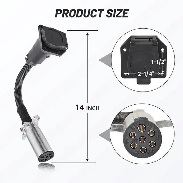 Alt view image 2 of 7 - 7-Pin Round to 7-Pin Flat Adapter for Tractor Towing,7-Pole Round to 7-Way RV Blade Trailer Connector Plug,SAE J560 Trailer Harness Adapter for Semi-Truck Tractor Commercial Vehicles