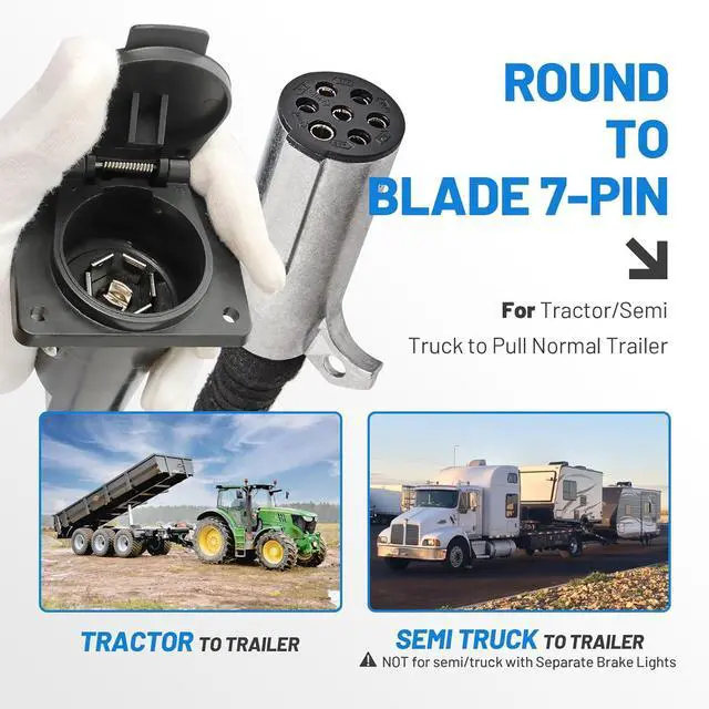 Alt view image 7 of 7 - 7-Pin Round to 7-Pin Flat Adapter for Tractor Towing,7-Pole Round to 7-Way RV Blade Trailer Connector Plug,SAE J560 Trailer Harness Adapter for Semi-Truck Tractor Commercial Vehicles