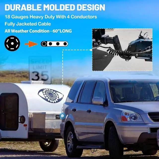 Alt view image 3 of 7 - 7-Way Blade to 4-Way Flat Trailer Adapter Coiled Harness 5-Foot Male 7-Pin to 4-Pin Trailer Extension Shell Cable, Heavy Duty 18AWG Copper 7 to 4-Wire Trailer Connector Plug 60 in.