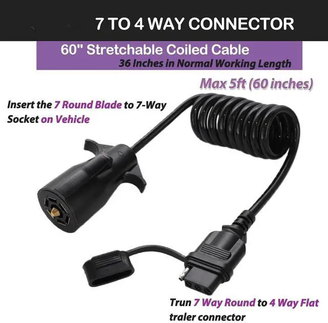 Alt view image 2 of 7 - 7-Way Blade to 4-Way Flat Trailer Adapter Coiled Harness 5-Foot Male 7-Pin to 4-Pin Trailer Extension Shell Cable, Heavy Duty 18AWG Copper 7 to 4-Wire Trailer Connector Plug 60 in.