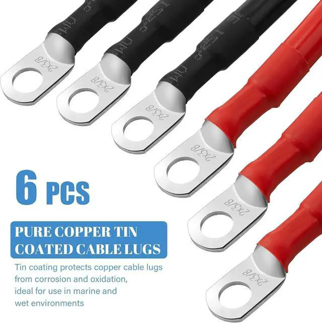 Alt view image 3 of 7 - 6 Piece Battery CableCopper Battery Inverter Cable with Terminals 3/8 inch LugsRed and Black 2-Ended Power Inverter Cable for Solar Motorcycle Auto RV Boat Marine (2awg, 1ft)