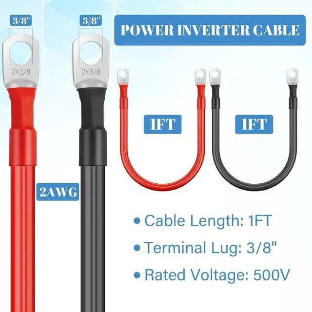 Alt view image 5 of 7 - 6 Piece Battery CableCopper Battery Inverter Cable with Terminals 3/8 inch LugsRed and Black 2-Ended Power Inverter Cable for Solar Motorcycle Auto RV Boat Marine (2awg, 1ft)