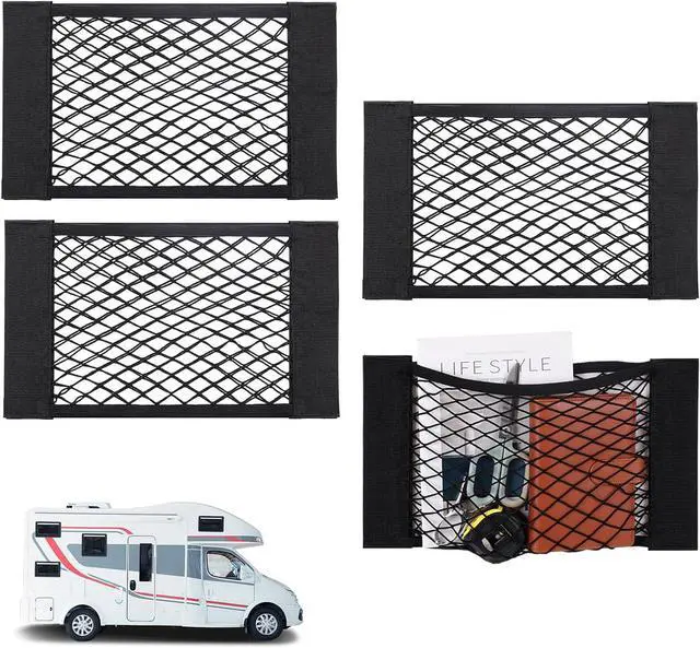 Main image of 4PCS RV Cargo Storage Mesh, Flexible Stretchable Mesh Bag with 8 Adhesive Strip Wall Stickers for SUVs, Trucks (17.7 x 9.5 inches)