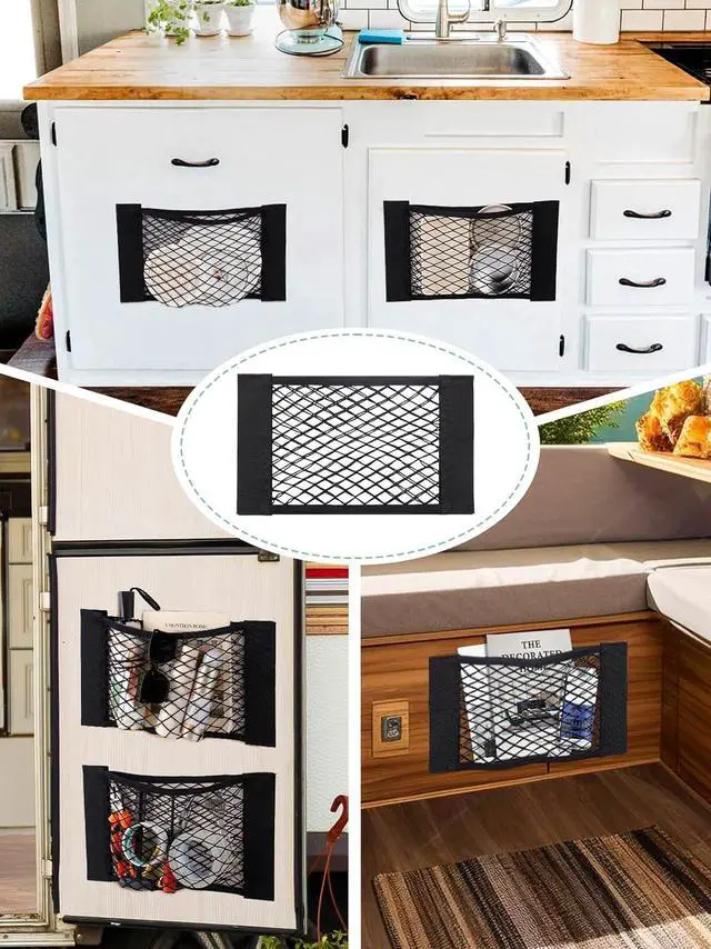 Alt view image 6 of 7 - 4PCS RV Cargo Storage Mesh, Flexible Stretchable Mesh Bag with 8 Adhesive Strip Wall Stickers for SUVs, Trucks (17.7 x 9.5 inches)