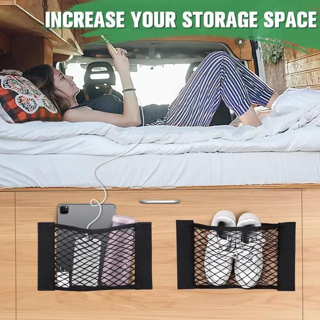 Alt view image 4 of 7 - 4PCS RV Cargo Storage Mesh, Flexible Stretchable Mesh Bag with 8 Adhesive Strip Wall Stickers for SUVs, Trucks (17.7 x 9.5 inches)