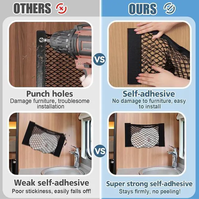 Alt view image 7 of 7 - 4PCS RV Cargo Storage Mesh, Flexible Stretchable Mesh Bag with 8 Adhesive Strip Wall Stickers for SUVs, Trucks (17.7 x 9.5 inches)
