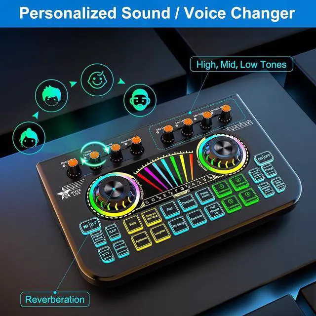Alt view image 6 of 7 - Game mixer Soundboard mixer with USB audio interface Voice changer, all-in-one podcast Live sound card for streaming w Soundboard Customizable soundboard for PC Smartphone recording broadcasting