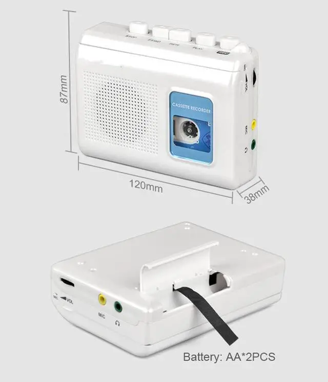 Alt view image 4 of 7 - Portable cassette player Walkman with built-in speaker, microphone, headphone jack-, 4.57 x 3.54 x 1.38 inches