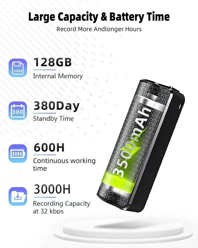 Alt view image 2 of 7 - 128G Magnetic Voice Recorder with AI Intelligent Triple Noise Reduction, 35-Day Continuous Recording Device, Voice-Activated Voice Recorder, Digital Voice Recorder for Meetings/Interviews/Classes