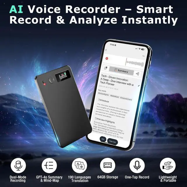 Alt view image 2 of 7 - AI Voice Recorder, Audio Activated Recorder with Playback, App Controlled, Transcribed and Summarized with AI Technology, 190 Languages, 64GB Memory for Lectures, Learning, Meetings, Calls
