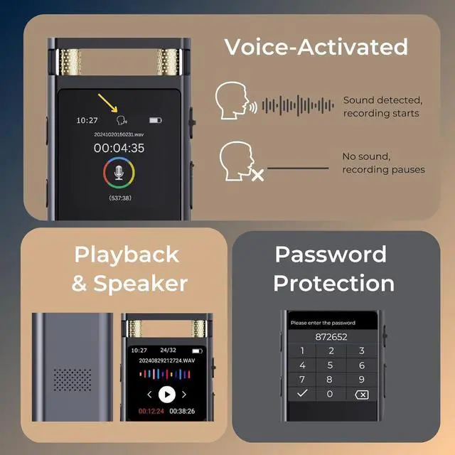 Alt view image 3 of 6 - Digital Voice Recorder with Voice Activated Recording and Playback, 3072kbps Audio Recorder, Aluminum Body with 64GB Storage for Lecture, Conference