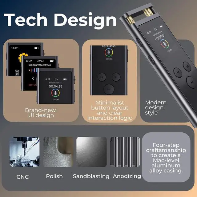 Alt view image 5 of 6 - Digital Voice Recorder with Voice Activated Recording and Playback, 3072kbps Audio Recorder, Aluminum Body with 64GB Storage for Lecture, Conference