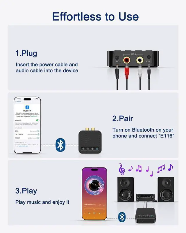 Alt view image 6 of 7 - Bluetooth to RCA Adapter for Stereo Receiver - APTX HD Long Range Low Latency Bluetooth Receiver for Home Stereo Wireless Audio Adapter for Music Streaming Sound System