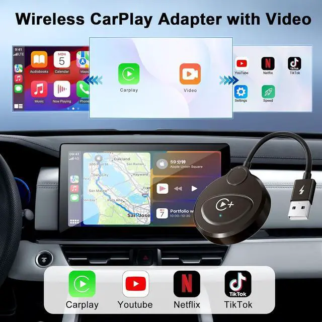 Alt view image 4 of 7 - Wireless Carplay Adapter with Built-in YouTube Netflix, Carplay Wireless Magic Box, Wired CarPlay to Wireless Support YouTube Netflix Tiktok Video Playback, Easily Plug in Play_Golden