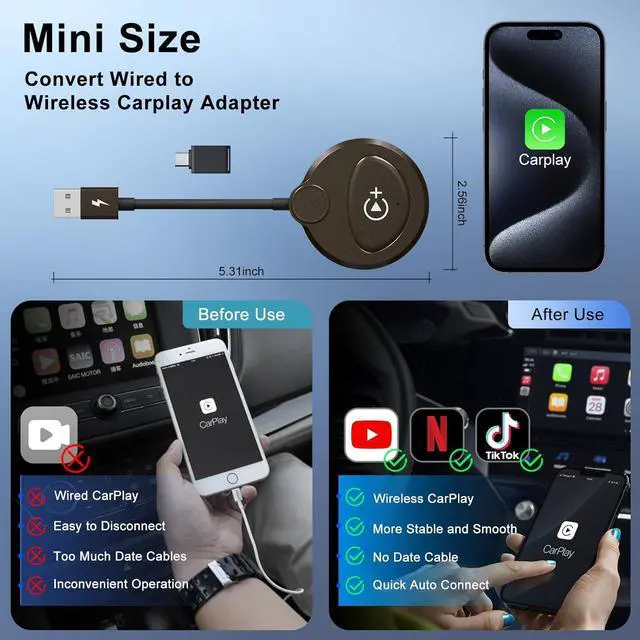 Alt view image 5 of 7 - Wireless Carplay Adapter with Built-in YouTube Netflix, Carplay Wireless Magic Box, Wired CarPlay to Wireless Support YouTube Netflix Tiktok Video Playback, Easily Plug in Play_Golden