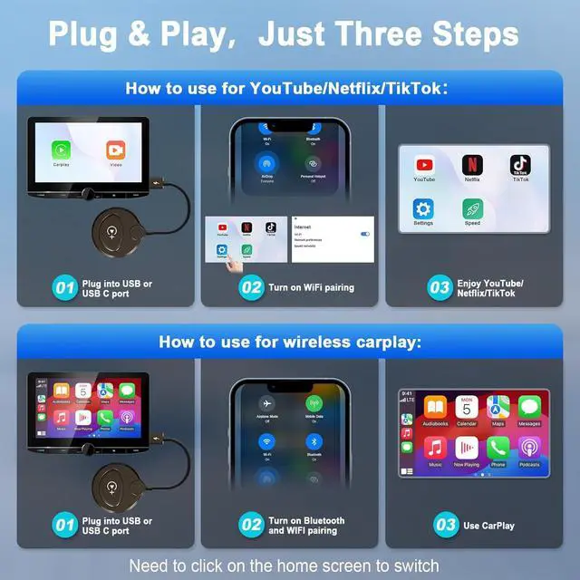 Alt view image 6 of 7 - Wireless Carplay Adapter with Built-in YouTube Netflix, Carplay Wireless Magic Box, Wired CarPlay to Wireless Support YouTube Netflix Tiktok Video Playback, Easily Plug in Play_Golden