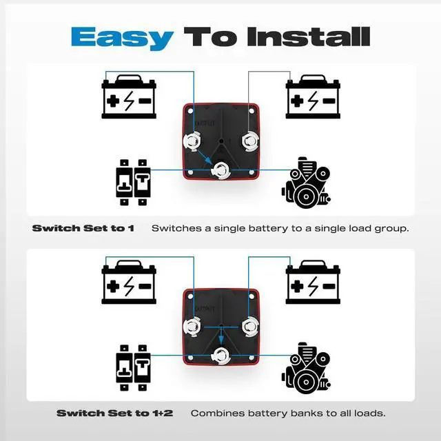 Alt view image 7 of 7 - Battery Disconnect Switch, 300A 1-Both-2-Off Heavy Duty Cut-Off Switch 12V-48V Waterproof Ignition Protected Electric Termination Switch with Knob for Marine, Boat, Car, RV, Truck Batteries - 4 Positi