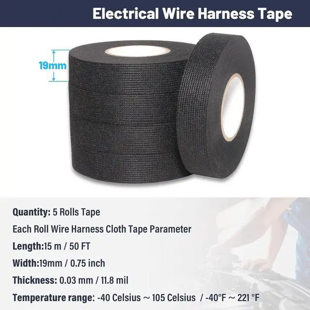 Alt view image 4 of 7 - Wire Harness Tape High Temperature Cable Loom Self-Adhesive Fabric Tape for Electrical Automotive Engine Wiring Harness Wrap Protection Noise Dampening Cable Fixing 3/4 inch x 50 ft. 5 Rolls