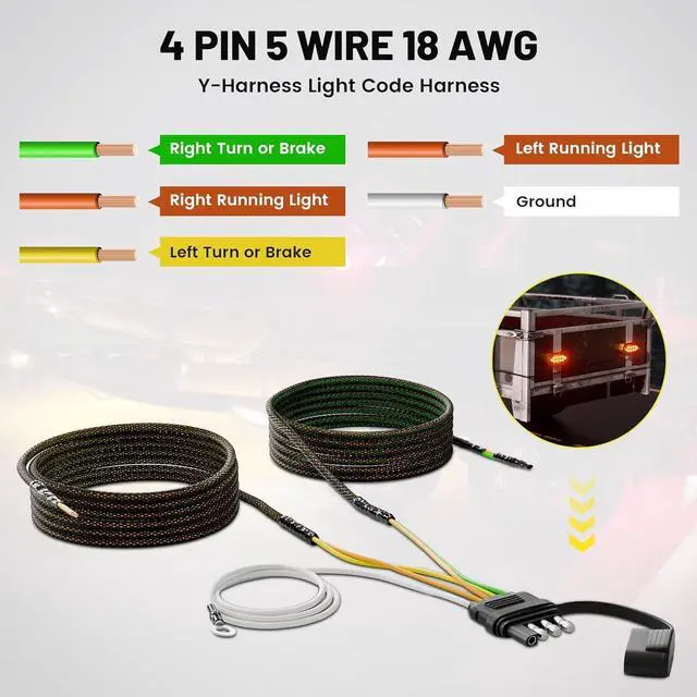 Alt view image 5 of 7 - 4-Pin 5-Wire Trailer Harness 22FT for Rewiring Both Side Tail Lights, Solid Copper Wishbond Trailer Light Kit 4-Way Flat 5-Wire Plug with Nylon Mesh Tube Protection