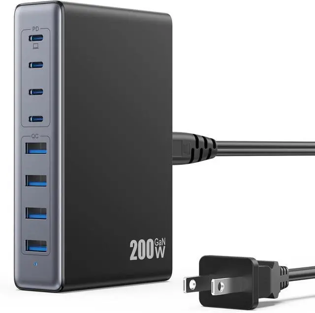 Main image of 200W USB-C Charger Block, GaN IV Charging Station with 8 Ports, QC 4.0 Fast Charging Station Hub + PD 65W USB-C Laptop Charger Adapter Compatible with MacBook Air/Pro, Dell, iPhone 16/15, iPad, Steam