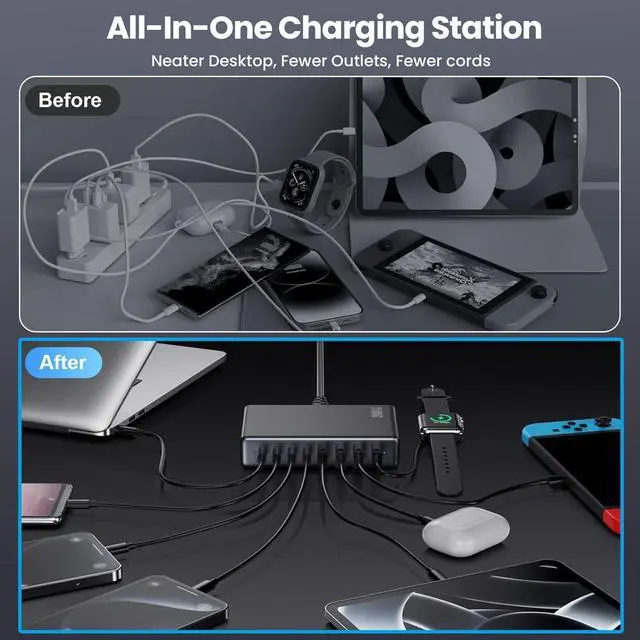 Alt view image 2 of 7 - 200W USB-C Charger Block, GaN IV Charging Station with 8 Ports, QC 4.0 Fast Charging Station Hub + PD 65W USB-C Laptop Charger Adapter Compatible with MacBook Air/Pro, Dell, iPhone 16/15, iPad, Steam