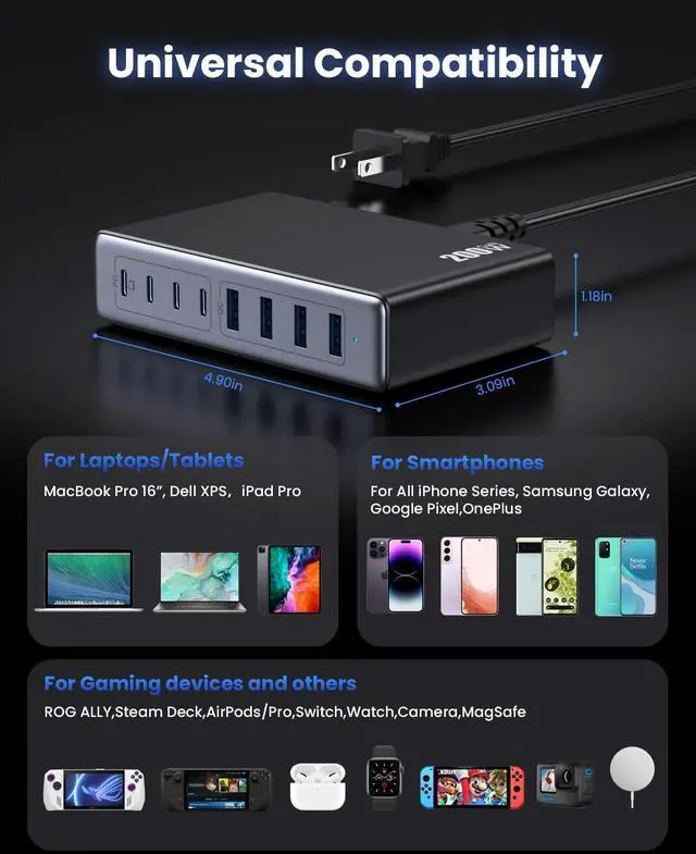 Alt view image 3 of 7 - 200W USB-C Charger Block, GaN IV Charging Station with 8 Ports, QC 4.0 Fast Charging Station Hub + PD 65W USB-C Laptop Charger Adapter Compatible with MacBook Air/Pro, Dell, iPhone 16/15, iPad, Steam