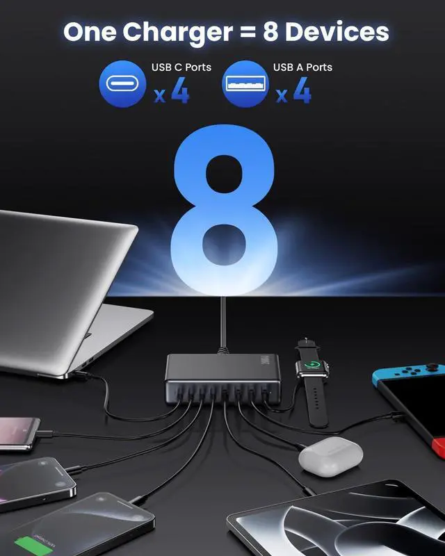 Alt view image 4 of 7 - 200W USB-C Charger Block, GaN IV Charging Station with 8 Ports, QC 4.0 Fast Charging Station Hub + PD 65W USB-C Laptop Charger Adapter Compatible with MacBook Air/Pro, Dell, iPhone 16/15, iPad, Steam