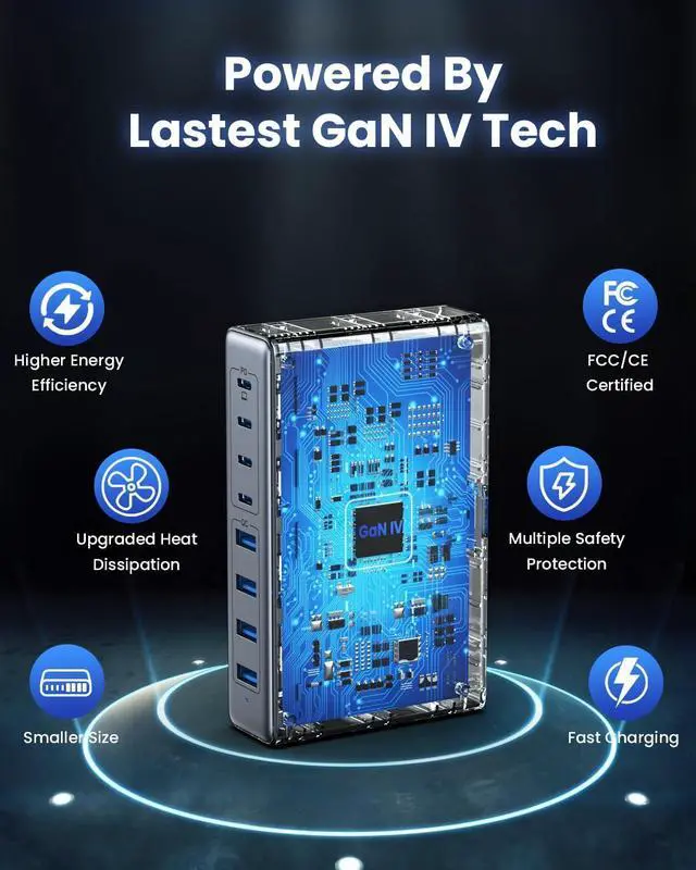 Alt view image 6 of 7 - 200W USB-C Charger Block, GaN IV Charging Station with 8 Ports, QC 4.0 Fast Charging Station Hub + PD 65W USB-C Laptop Charger Adapter Compatible with MacBook Air/Pro, Dell, iPhone 16/15, iPad, Steam