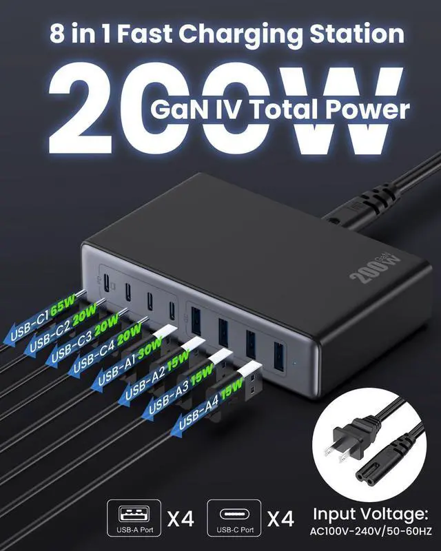 Alt view image 7 of 7 - 200W USB-C Charger Block, GaN IV Charging Station with 8 Ports, QC 4.0 Fast Charging Station Hub + PD 65W USB-C Laptop Charger Adapter Compatible with MacBook Air/Pro, Dell, iPhone 16/15, iPad, Steam