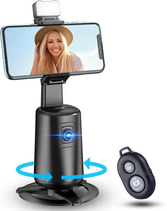 Main image of Automatic Face Tracking Tripod 360° Rotating Smartphone Photo and Video Kit Mount, No App Required, Camera Mount with Remote Control and Gesture Control for Live Recording on TikTok (Black) Rechargeab