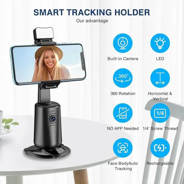 Alt view image 2 of 7 - Automatic Face Tracking Tripod 360° Rotating Smartphone Photo and Video Kit Mount, No App Required, Camera Mount with Remote Control and Gesture Control for Live Recording on TikTok (Black) Rechargeab