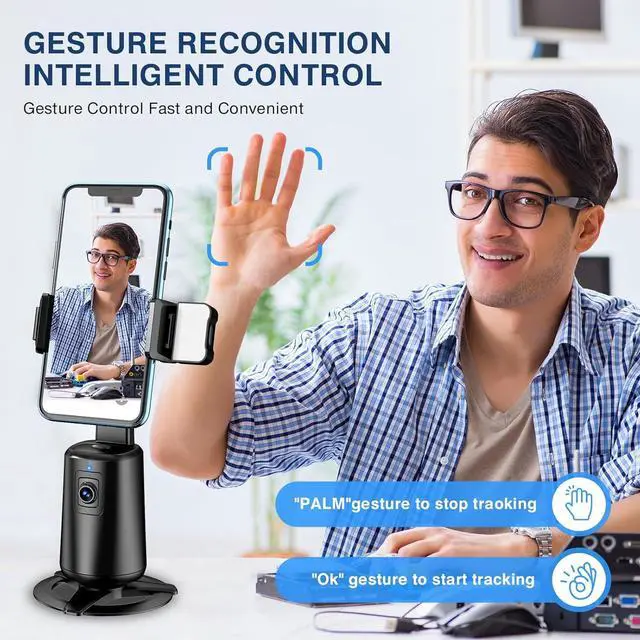 Alt view image 3 of 7 - Automatic Face Tracking Tripod 360° Rotating Smartphone Photo and Video Kit Mount, No App Required, Camera Mount with Remote Control and Gesture Control for Live Recording on TikTok (Black) Rechargeab