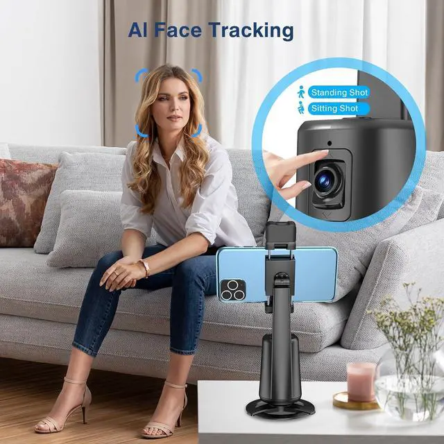 Alt view image 6 of 7 - Automatic Face Tracking Tripod 360° Rotating Smartphone Photo and Video Kit Mount, No App Required, Camera Mount with Remote Control and Gesture Control for Live Recording on TikTok (Black) Rechargeab