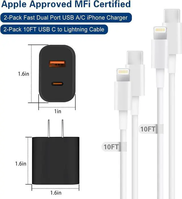 Alt view image 7 of 7 - iPhone Fast Charger, Dual Port A/C Apple iPhone Charger Fast Charging Block, 2-Pack Fast Dual A/C iPhone Wall Charger Adapter, 10FT USB C to Lightning Cable for iPhone14 ProMax/13/12/11/XS/XR/iPad