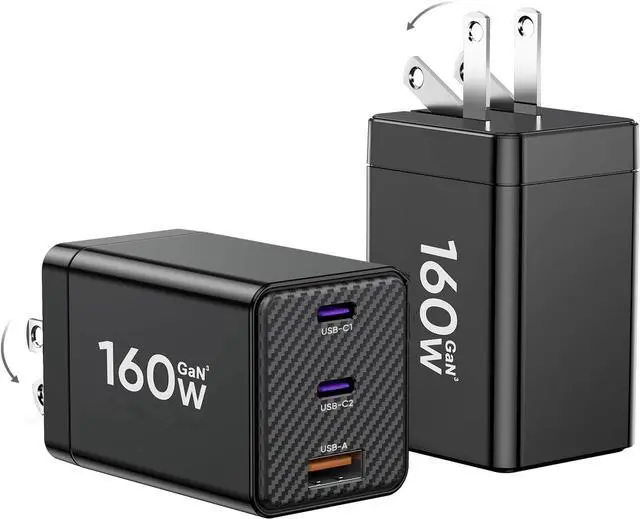Main image of [2-Pack] USB C Charger Block 160W, 3-Port GaN Super Fast Charger, Dual 65W Type C Charging Blocks, Foldable QC3.0 Laptop Quick Charge Adapter for MacBook, iPhone, Samsung, Galaxy, iPad, Android, Black