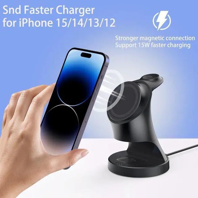 Alt view image 2 of 6 - Wireless Charger, 3-in-1 Magnetic Wireless Charger Cradle, Fast Wireless Charging Dock for iPhone 16/15/14/13/12 Series, Apple Watch Series, AirPods Pro.