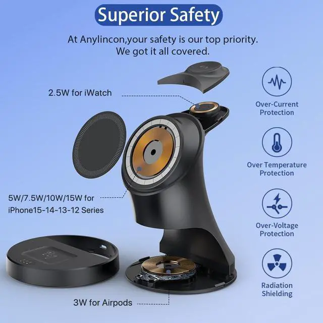 Alt view image 6 of 6 - Wireless Charger, 3-in-1 Magnetic Wireless Charger Cradle, Fast Wireless Charging Dock for iPhone 16/15/14/13/12 Series, Apple Watch Series, AirPods Pro.