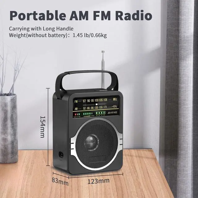 Alt view image 3 of 7 - Portable AM FM Radio, Bluetooth 5.0 Radio, 5 Watt Speaker, FM Radio, Internal Rechargeable Battery/DC D * 4 Battery Powered, AC Power Plug, Wall Black
